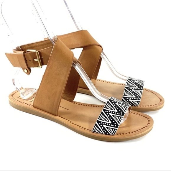 Dolce vita Sandal leather Julius Aztec Print Strap Sz 8.5 Black White Tan - Picture 1 of 11